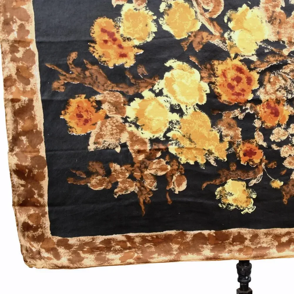 Vintage Rayon Floral Scarf Navy Brown Gold Made in Japan 1970s 30x30 - Hey Viv
